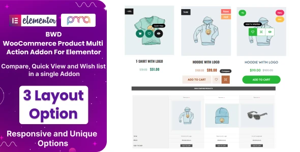 WooCommerce quick view – woocommerce wish list – woocommerce product compare Addon For Elementor